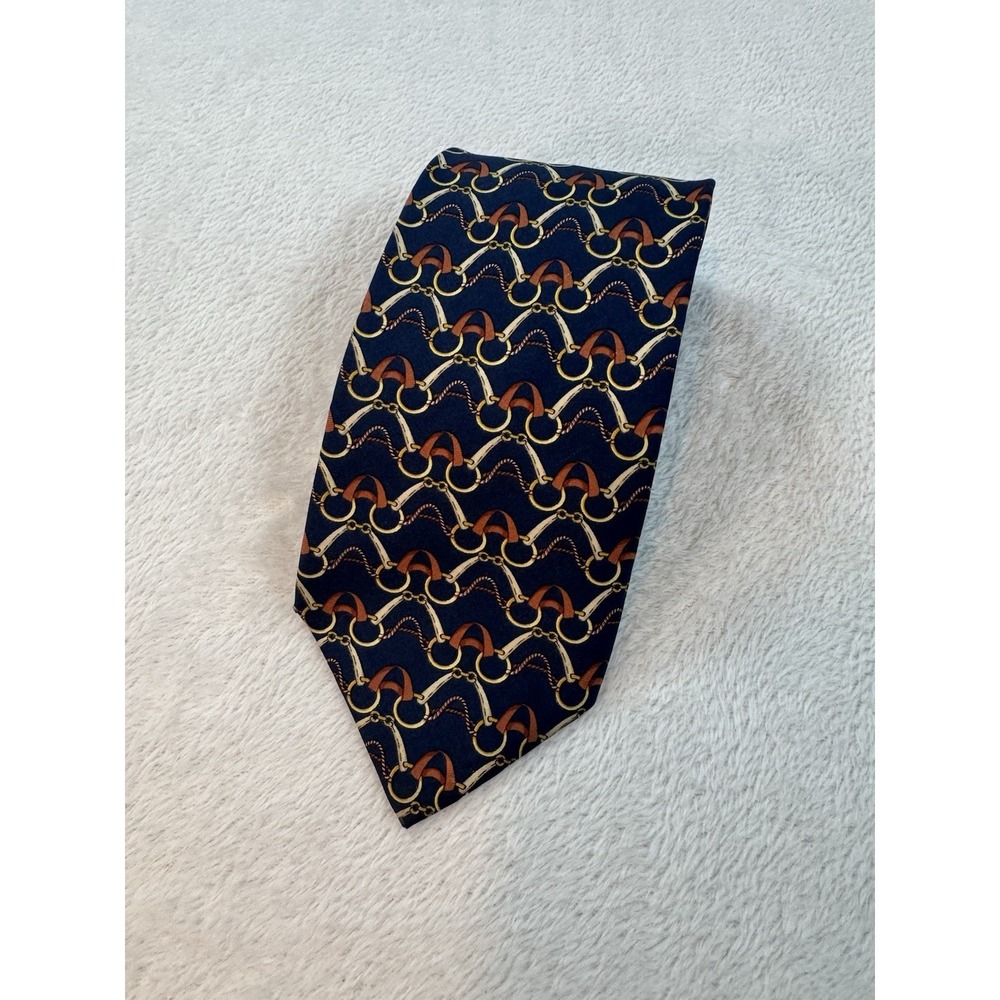 Paolo Gucci Tie Men 3.75" Navy Blue Silk Horsebit Stirrup Equestrian Italy